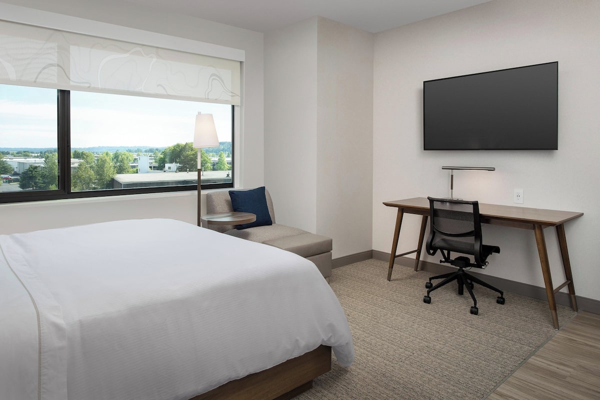 A hotel room with a bed, a desk, a chair, a TV, and a window with a view of buildings and trees.