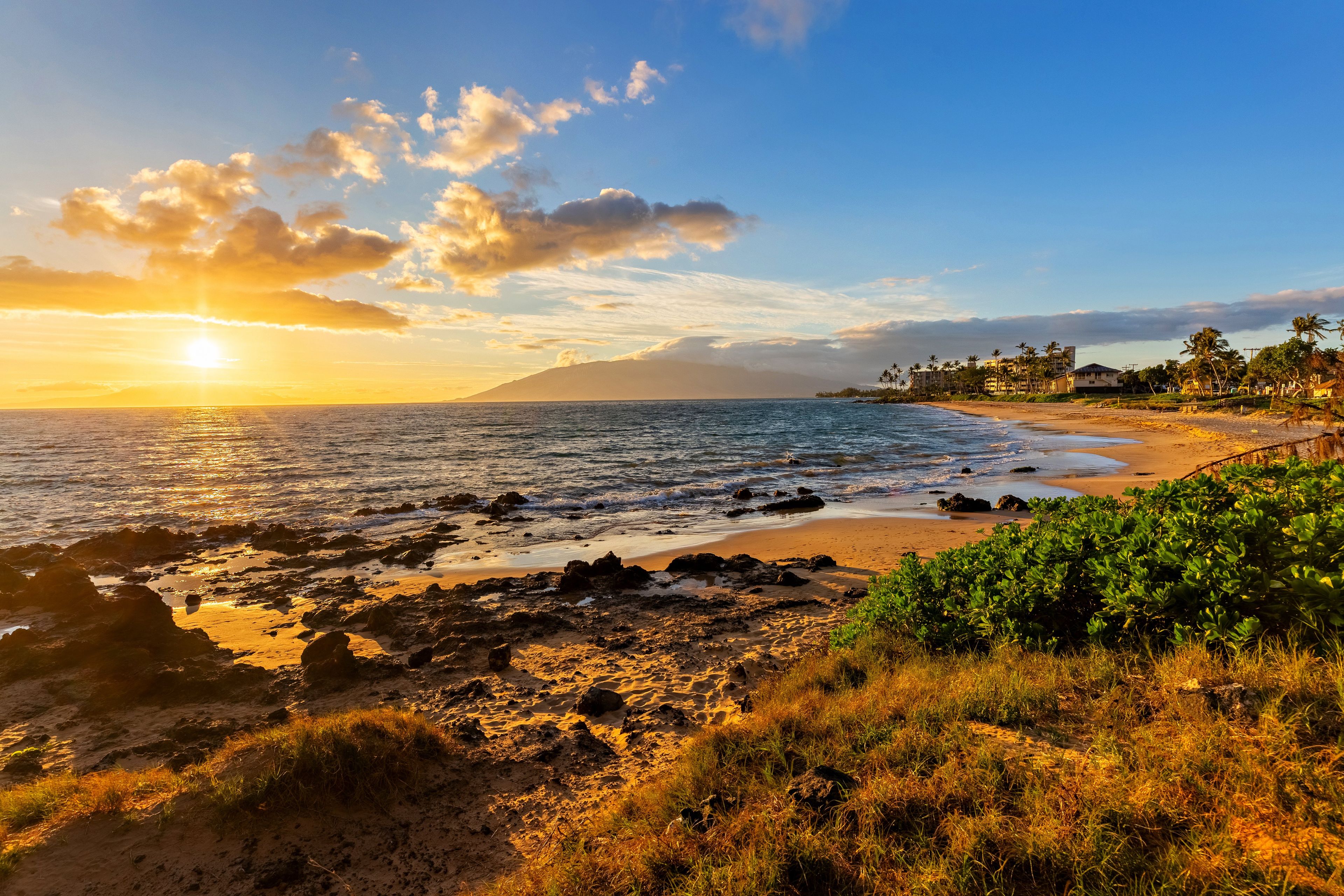 A coastal landscape with a beach, rocky shoreline, and vegetation.
