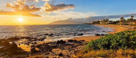 A coastal landscape with a beach, rocky shoreline, and vegetation.