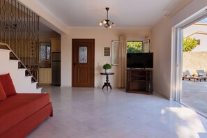 TV, fireplace, DVD player, books