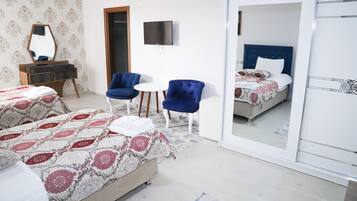 Habitación de hotel con dos camas, televisión, armario, espejo y una mesita.