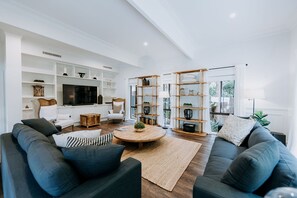 Smart-TV, Kamin, Videospiele, Bücher