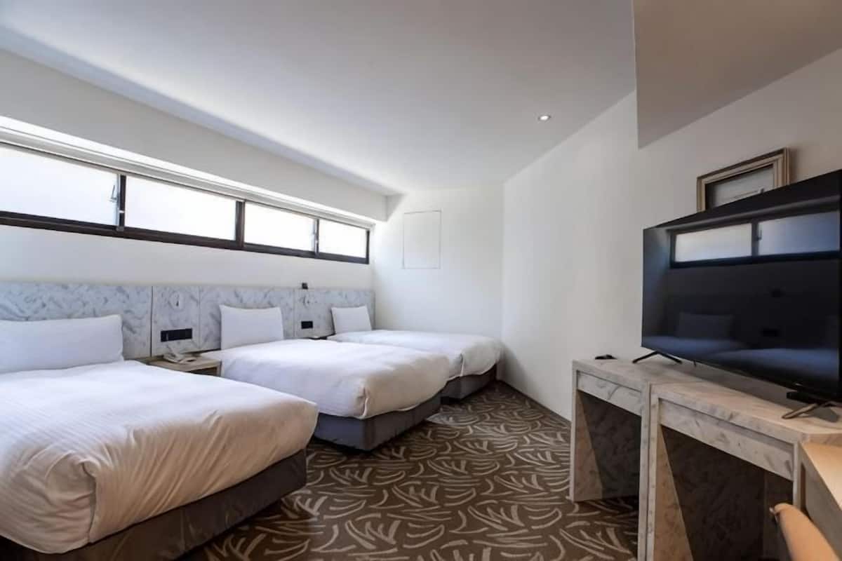 Habitació d'hotel amb dos llits, televisió, escriptori i una catifes amb disseny.