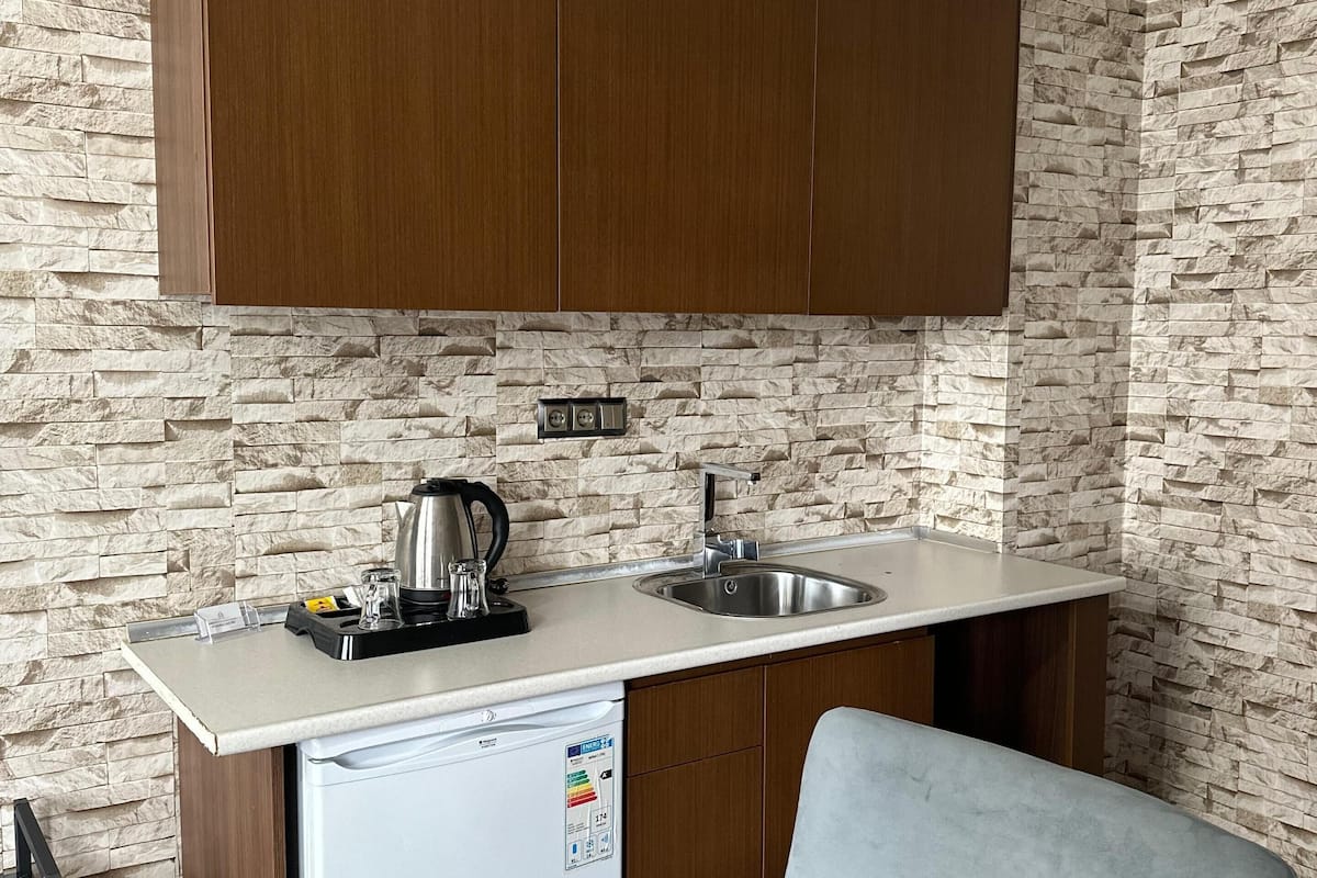 mini-fridge, cookware/dishes/utensils