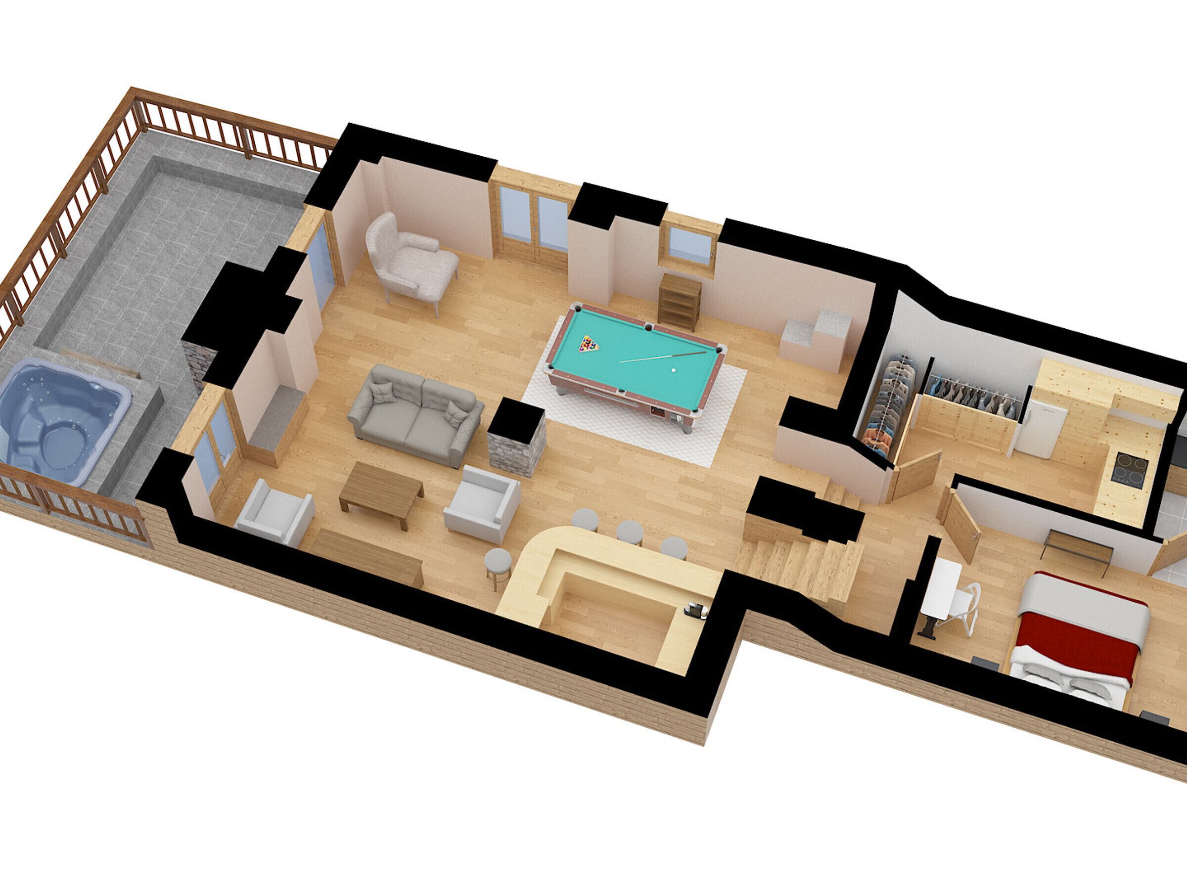 A 3D floor plan of a hotel room with a pool, a sofa, a dining table, a kitchen area, and a separate bathroom.