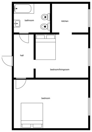 Een plattegrond met een badkamer, keuken, hal, slaapkamer/woonkamer, en een aparte slaapkamer.