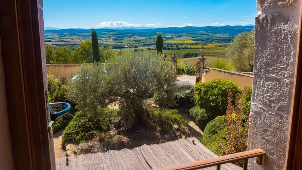 A view from a balcony overlooking a vineyard and distant mountains.