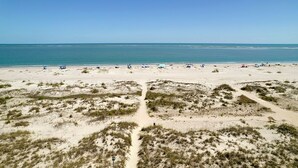 Ein Strand mit blauem Himmel, sandigen Dünen und einem Weg zum Wasser.
