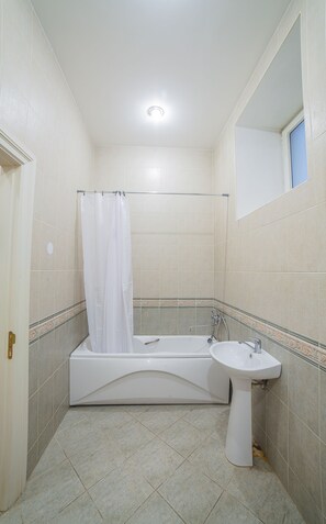 Combined shower/tub, hair dryer, bidet, towels