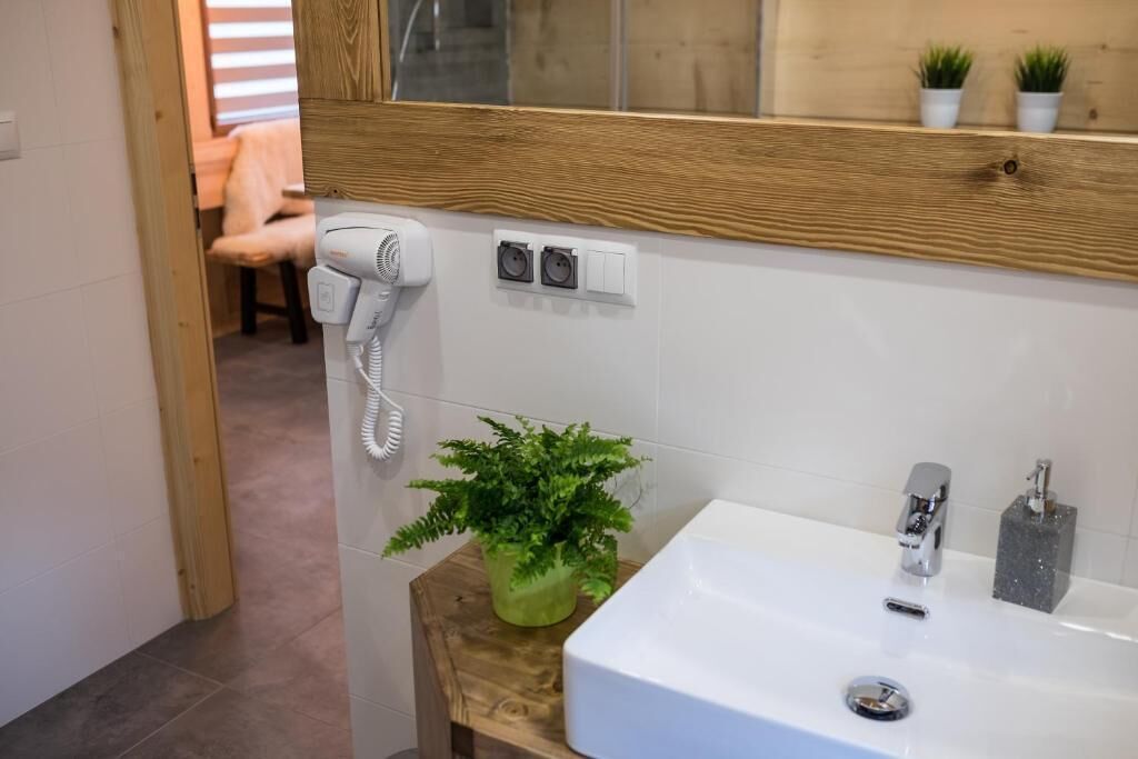 Un baño con lavamanos blanco, un espejo con marco de madera, un secador de pelo y una planta en maceta.