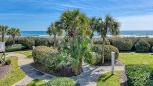 A landscaped garden with palm trees, a pathway, and a view of the ocean. - Oceanfront 4 Bedroom, 3 Bath with Community Pool (Garden City Beach)