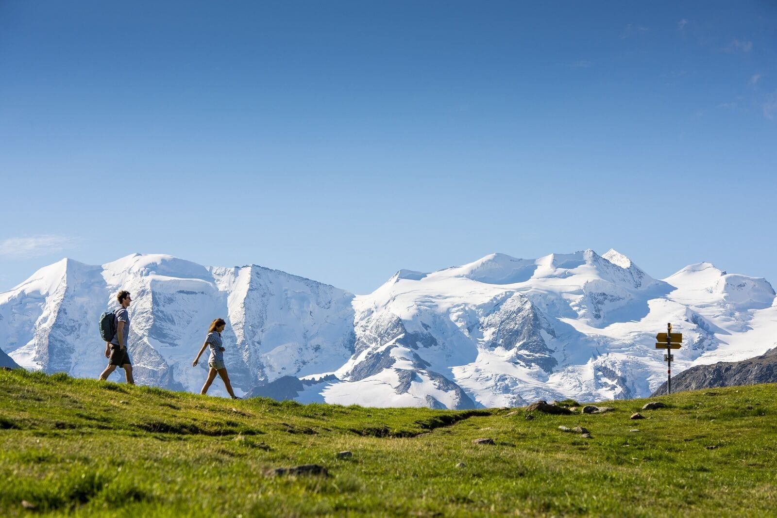 Ein grasbewachsenes Feld mit zwei Wanderern und schneebedeckten Bergen im Hintergrund.