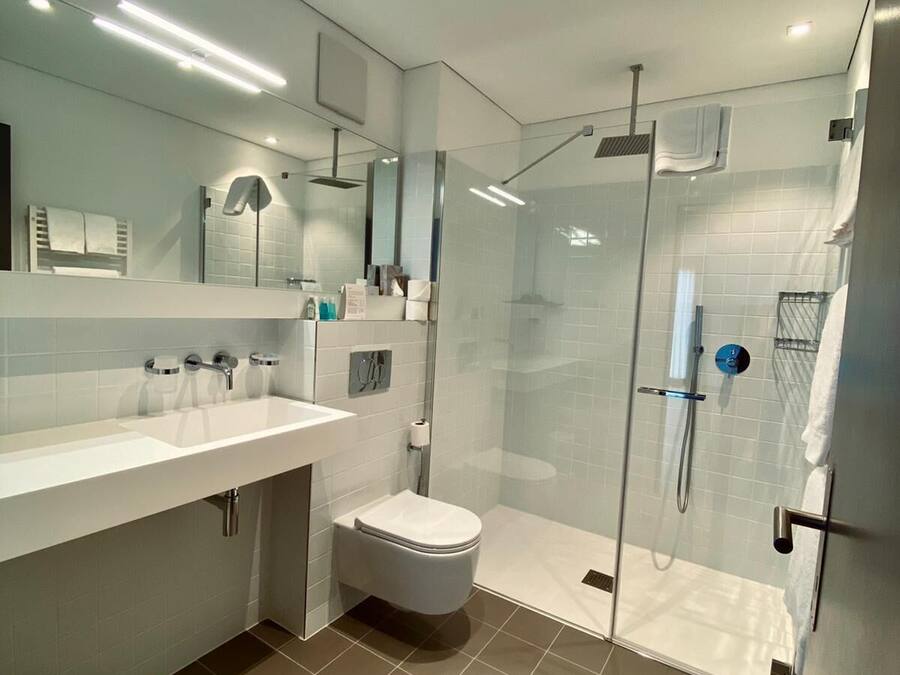 A modern bathroom with a glass-enclosed shower, a white sink, and a toilet.