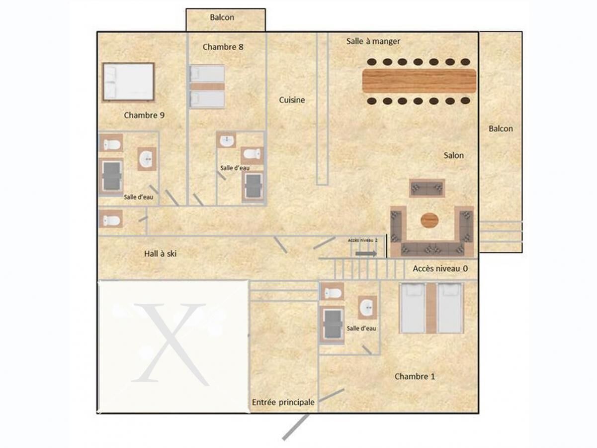 A hotel floor plan with multiple rooms, a kitchen, a dining area, a bathroom, and a balcony.
