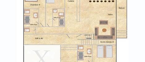 A hotel floor plan with multiple rooms, a kitchen, a dining area, a bathroom, and a balcony.