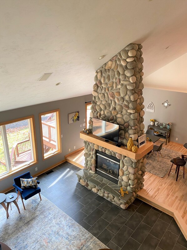 TV, fireplace, video games, table football