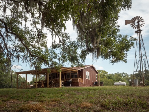 A rustic wooden house with a porch, surrounded by lush greenery and a windmill. - Rustic Cabin in the Woods (Needville)