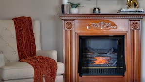 Un salon avec une cheminée, un canapé et une cheminée décorative.