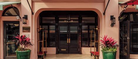 A hotel entrance with a double door, two potted plants, and a sign above the door.