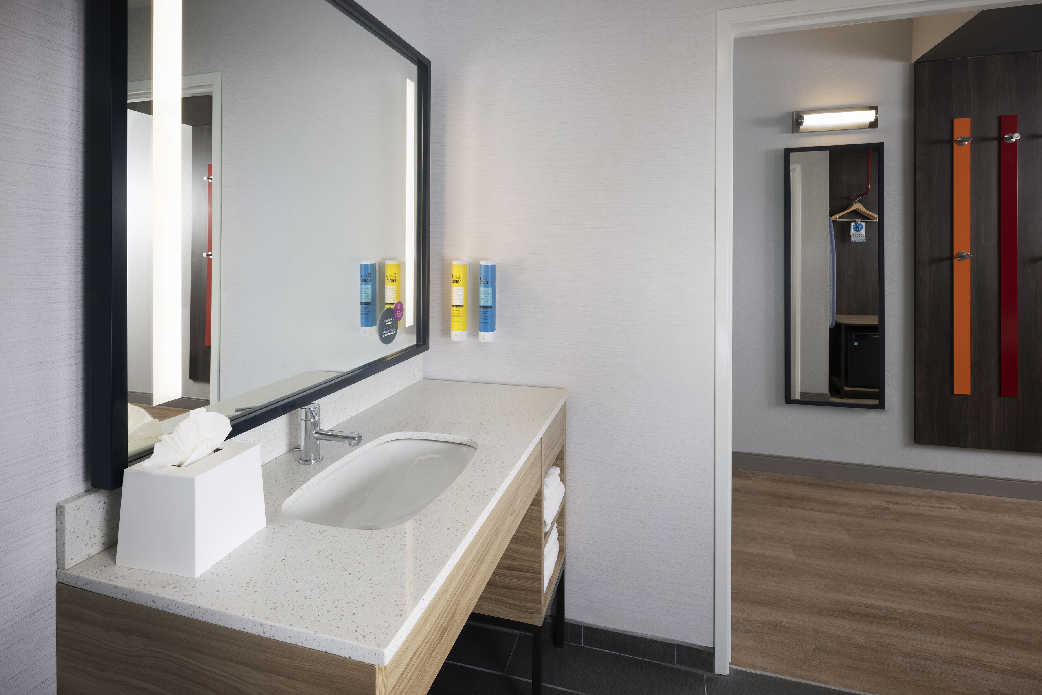 Une salle de bain moderne avec un double vasque, un grand miroir et des produits de toilette fixés au mur.