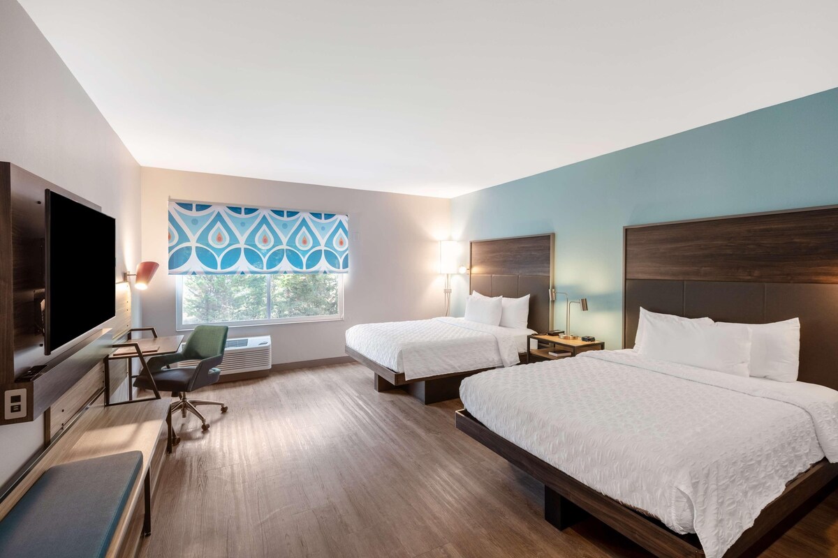 A hotel room with two beds, a desk, a chair, a TV, and a window with a patterned view.
