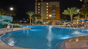 Outdoor pool, open 9:00 AM to 10:00 PM, pool umbrellas, sun loungers