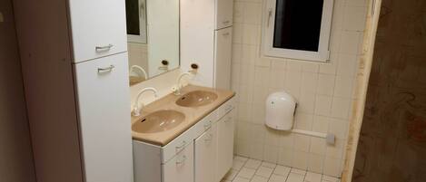 A bathroom with two sinks, a mirror, and a toilet.