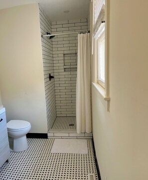Combined shower/tub, hair dryer, towels, toilet paper