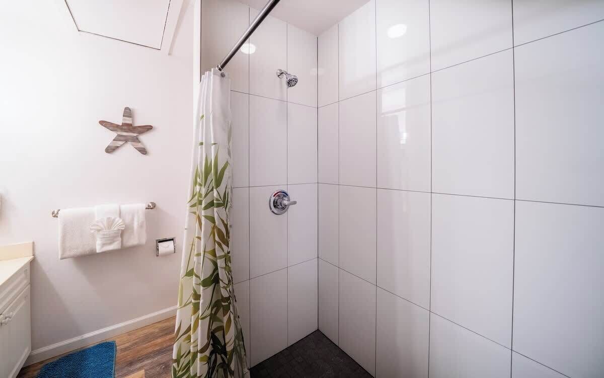 Combined shower/tub, hair dryer, towels, soap