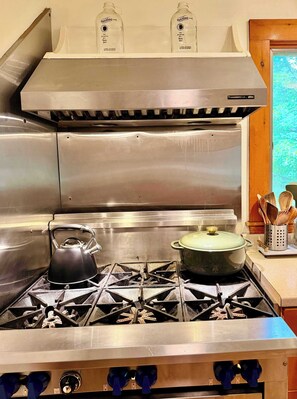 A stainless steel kitchen with a gas stove, a kettle, and a pot on the burners. - Porch & Peak | 5BR Village Farmhouse in the White Mountains (Bethlehem)