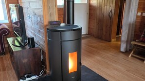 A wood-burning stove in a room with wooden walls and a black mat on the floor.