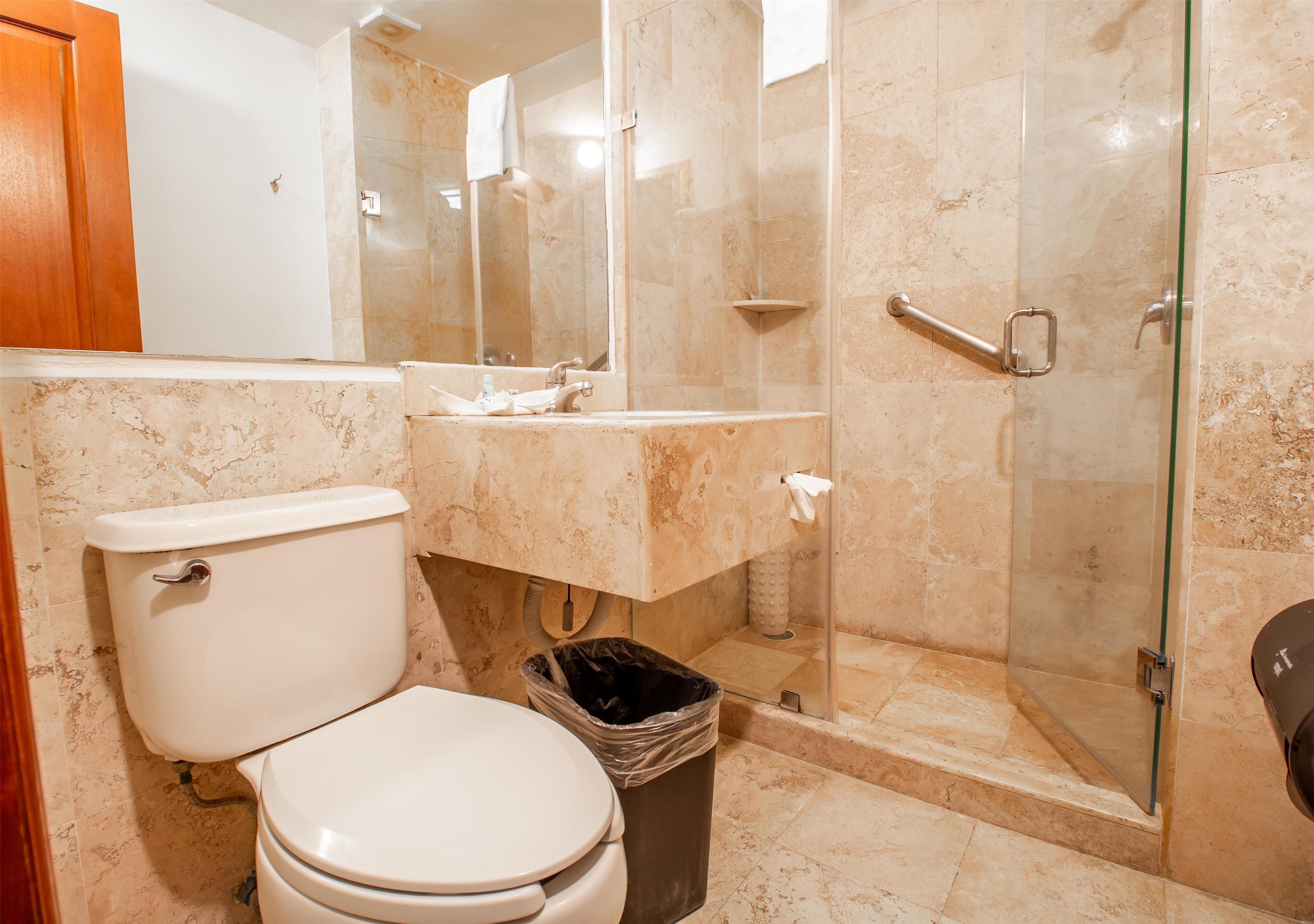 A bathroom with a toilet, sink, and shower.