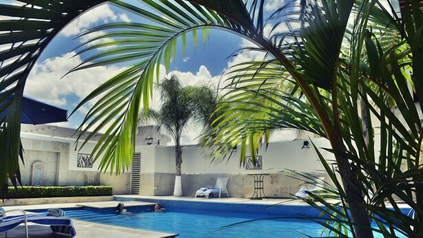 Une piscine avec des chaises longues, des palmiers et un ciel dégagé.