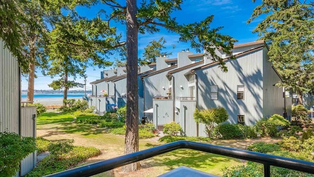 A residential area with multiple houses, a grassy yard, and a view of the water. - JL 202: Lovely water view (Blaine)