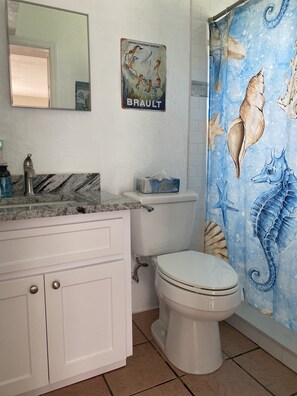 Chuveiro, toalhas de banho, sabonete, papel higiênico