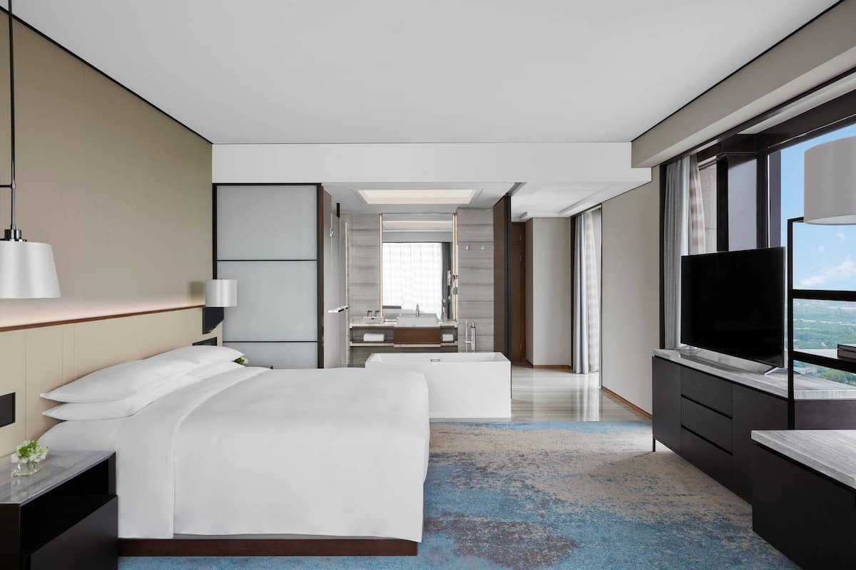 Une chambre d’hôtel moderne dotée d’un grand lit, d’une télévision et d’une salle de bain avec baignoire, et offrant une vue sur la ville.