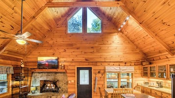 Smart-tv, eldstad och böcker