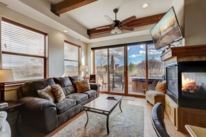 Flat-screen TV, fireplace, books