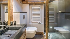 Un baño moderno con tragaluz, ducha y retrete.