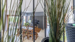 Een moderne keuken met donkere kastjes, een eethoek met een houten tafel en stoelen, en een grote potplant op de voorgrond.