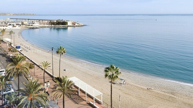 A coastal beach with a promenade, palm trees, and a clear view of the sea. - Stella Maris - Paseo Maritimo, Fuengirola, Andalucía (Fuengirola)