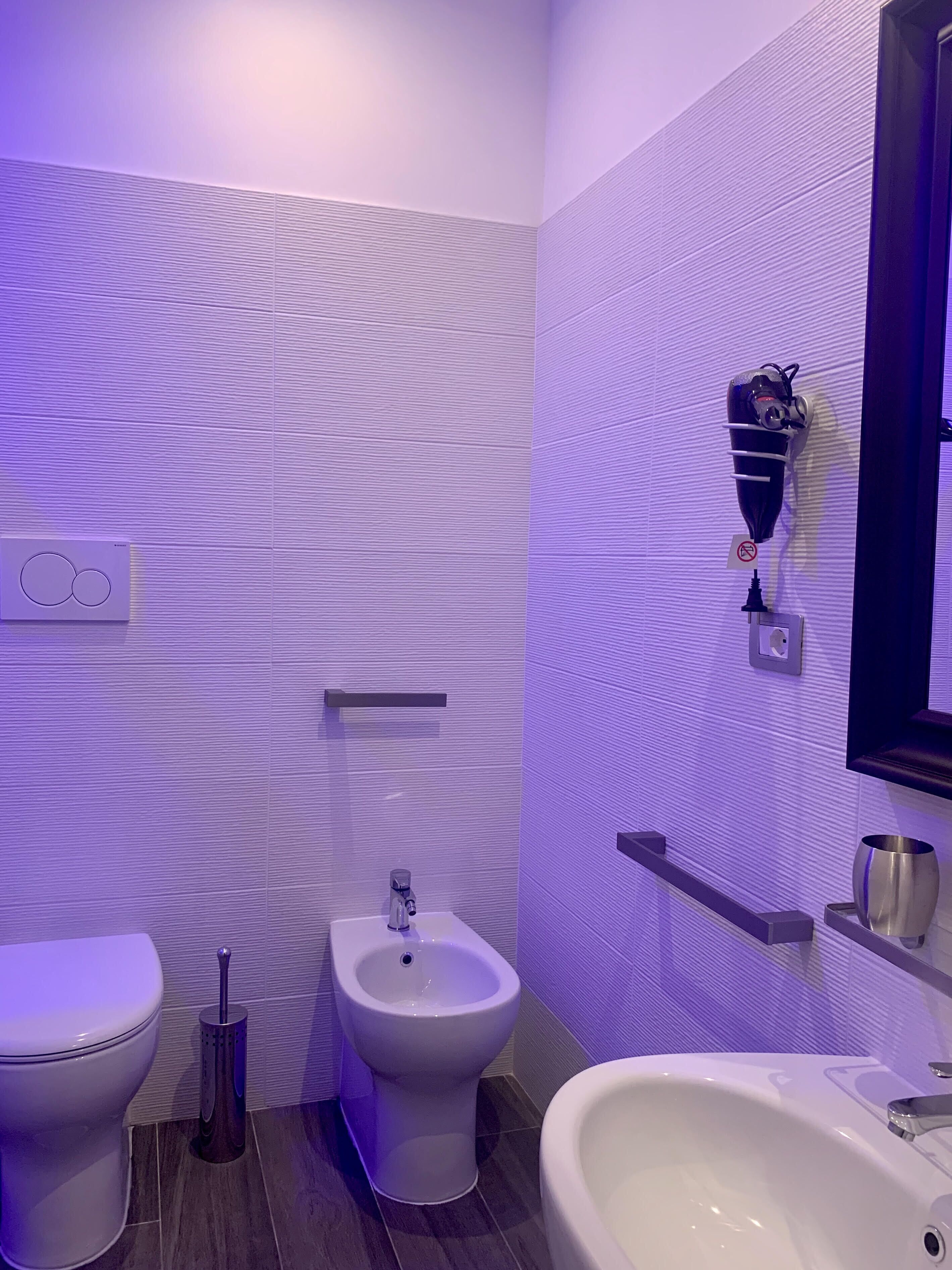 Een moderne badkamer met een hygiëneschuiver, toilet en wastafel.