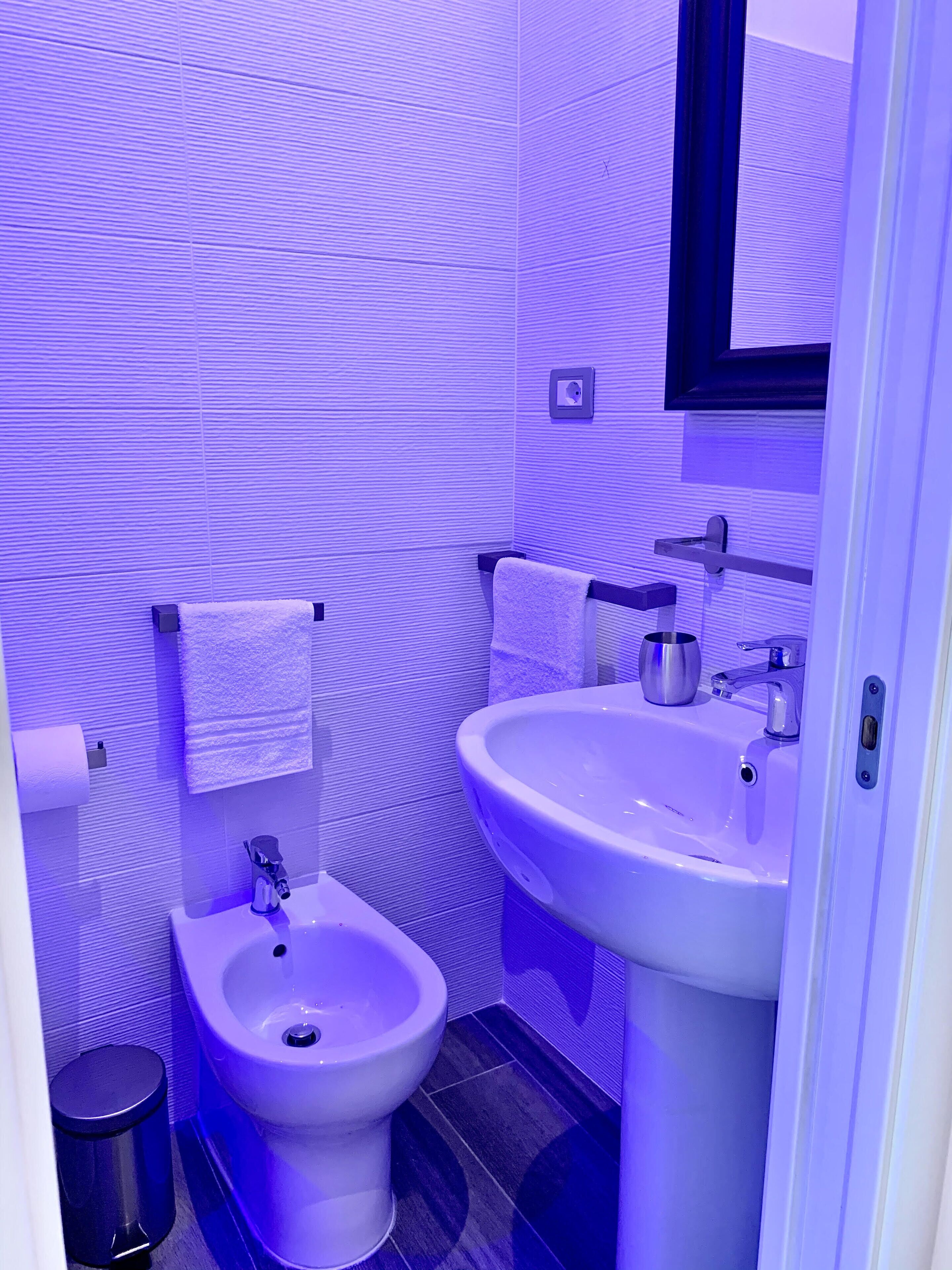 A small bathroom with a bidet, sink, and mirror.