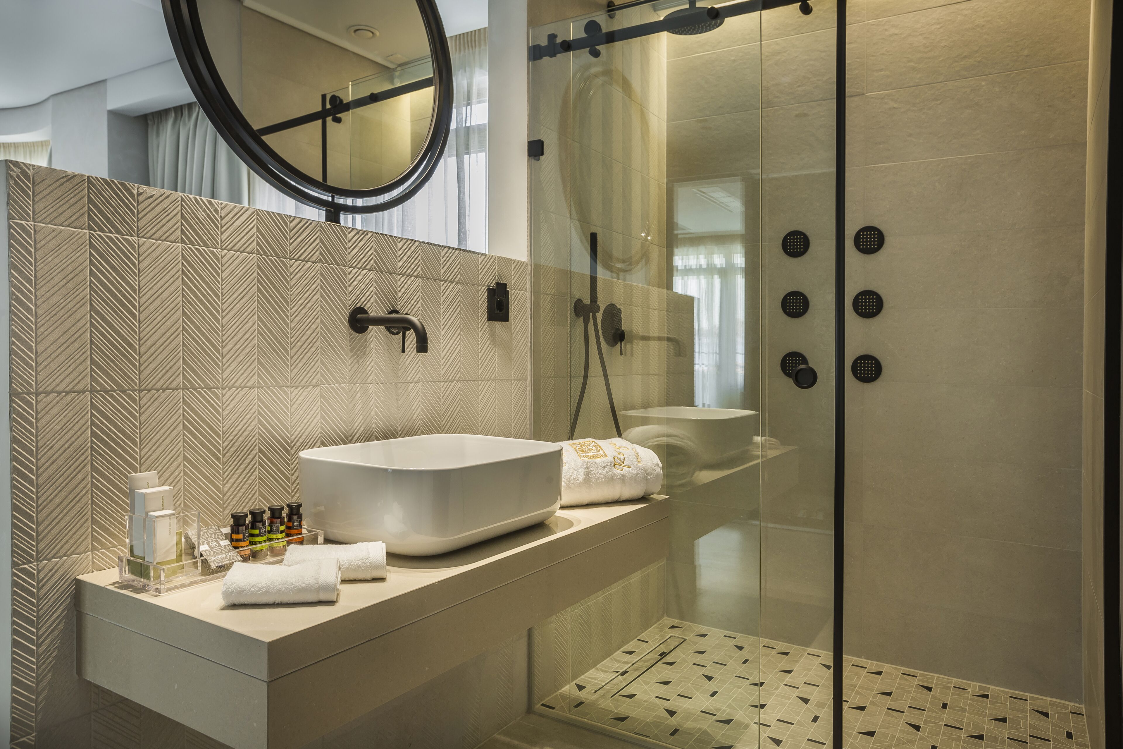 shower, hydromassage showerhead, designer toiletries, hair dryer