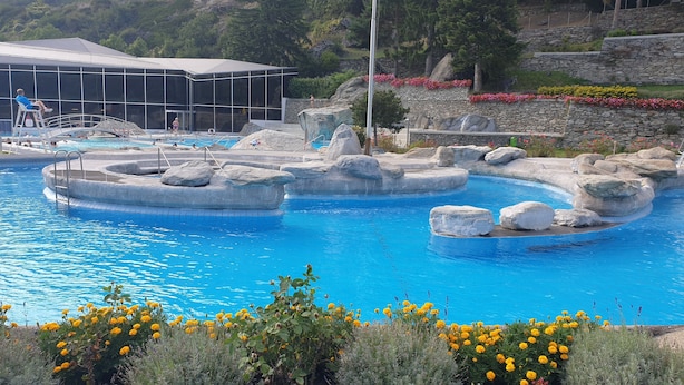 Une piscine au design original, avec des rochers, entourée de fleurs et bordée par un bâtiment en arrière-plan.