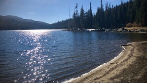 A serene lakeside view with a clear sky, surrounded by dense forest and rocky shoreline.