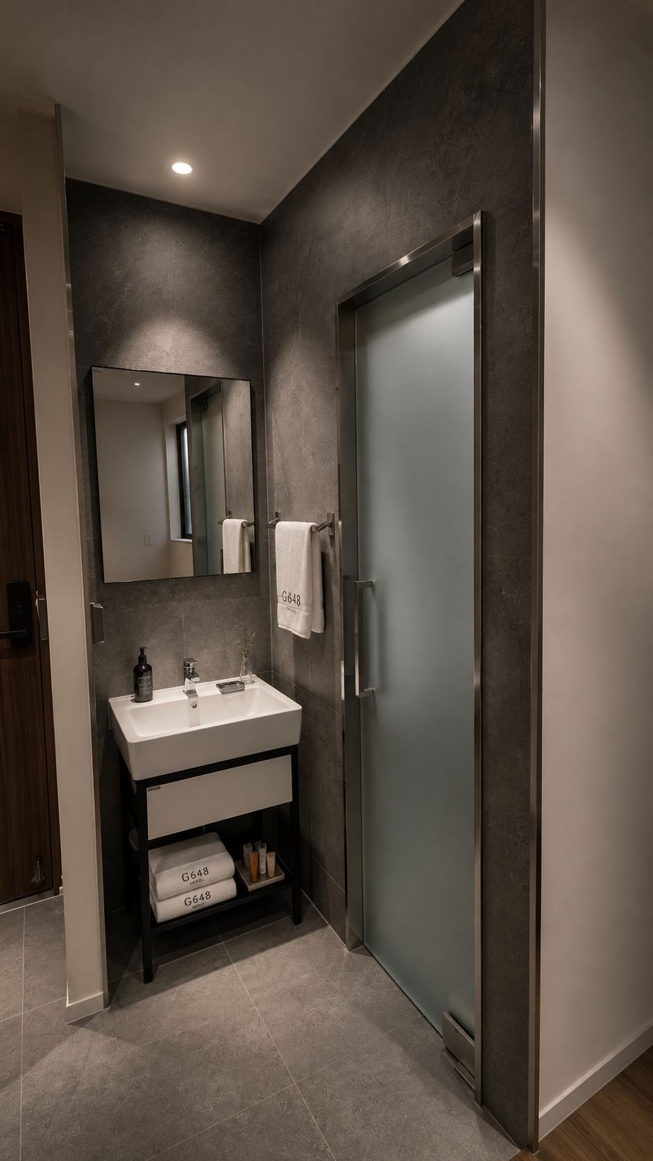 Ein modernes Badezimmer mit dunkler Wand, einem weißen Waschbecken, einem Spiegel und einer Milchglas-Tür.