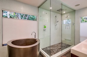 Baignoire, sĂšche-cheveux, serviettes fournies, shampoing