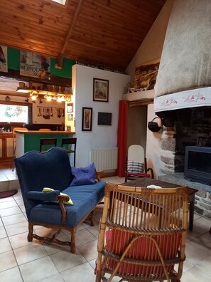 Un salón acogedor con un sofá azul, un sillón de mimbre, una chimenea y una zona de bar con botellas.