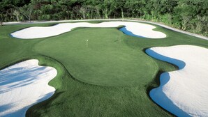 Un parcours de golf avec un green bien entretenu, des bunkers de sable et un mât de drapeau.